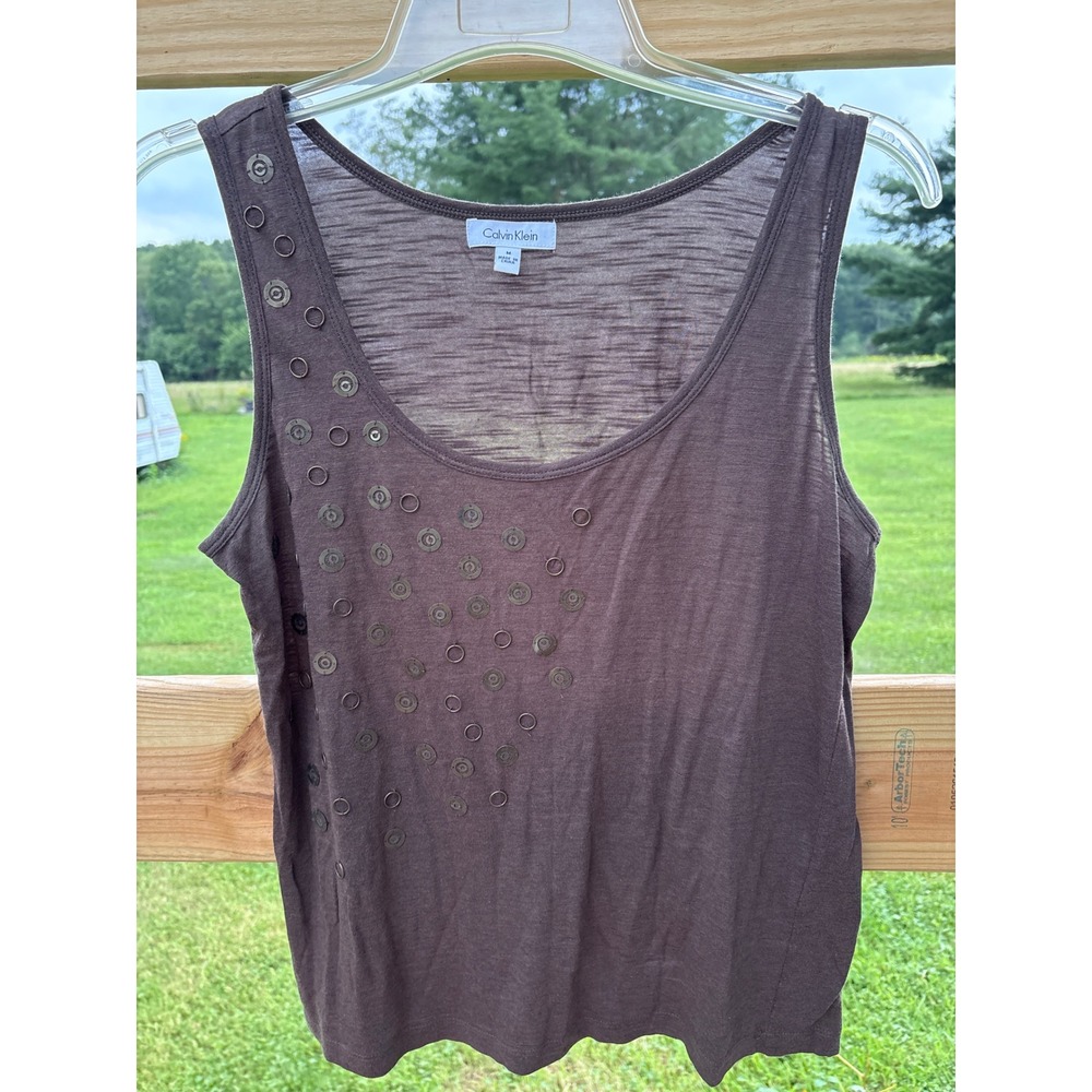 Calvin Klein Womens Brown Embellished Sleeveless Tank Top Size Medium Soft